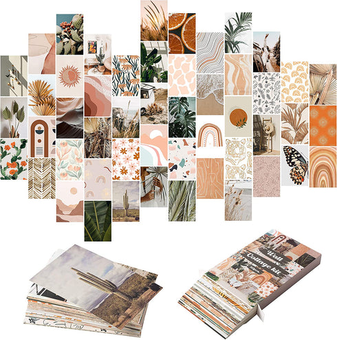 Yopyame 50PCS Boho Aesthetic Pictures Wall Collage Kit, Peach Teal Photo Collection Collage Dorm Decor for Girl Teens and Women, Orange Boho Wall Prints Kit, Small Posters for Room Bedroom Aesthetic