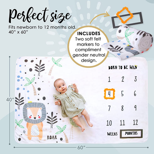 CALLOO Baby Monthly Milestone Blanket Boy Jungle Blanket Nursery Decor, Large 60x40 Extra Soft Premium Fleece with Markers for Baby Photo Pictures, Newborn Girl, Unisex, Baby Month Growth Chart.