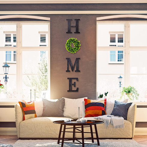 Wooden Home Sign with Green Wreath Flower, Wall Hanging Decor 11.8 Inch Home Decorative Sign Rustic Wooden Letters Decor for Living Room Kitchen Entry Way Housewarming Decoration