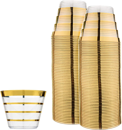 Perfect Settings 110 Premium Gold Rimmed (4 Ring) Clear Plastic Disposable Party Cups 9 Ounce Holiday Gathering or Wedding Party Elegant Disposable Cups