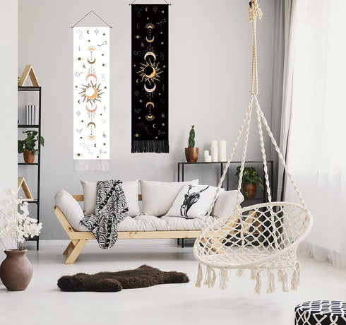 2 pack bohemian decor psychedelic sun and moon phase tapestry wall hanging for bedroom, aesthetic vertical tapestry moon decor with fringe (12.8 x 53.1 inches) black and white boho wall hangings