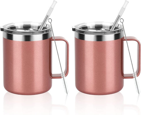 2 Pack Stainless Steel Coffee Mugs with Handle, 12Oz Insulated Coffee Mug, Double Wall Vacuum Insulated Camping Mug with Lid, Thermal Coffee Mug for Coffee, Tea, Hot and Cold Drinks (Rose Gold)