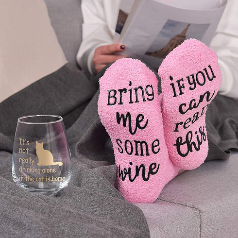 It's Not Really Drinking Alone If The Cat Is Home Wine Glass with Cupcake Wine Socks Gift Set, Cat Lover Wine Glass Set with Bottle Opener 15Oz - Funny Gift for Women Friends Sisters Girls Cat Lover