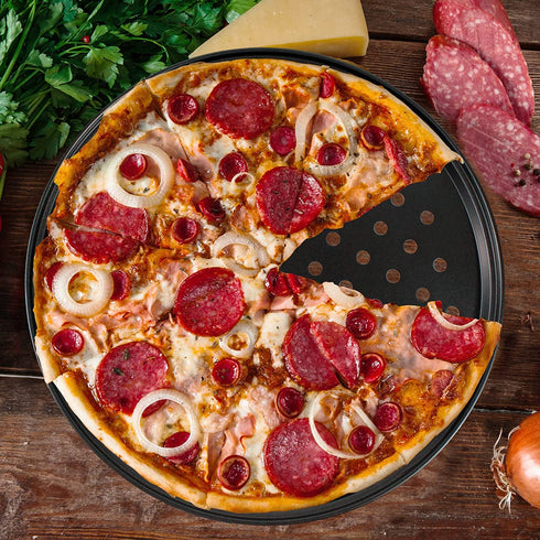 Baking Steel Pizza Pan with Holes, Round Pizza Pan for Oven, 9 Inch, 11 Inch, 12 Inch Bakeware Pizza Tray, mobzio Nonstick Baking Supplies Home Restaurant Kitchen Steel Crisper Pizza Pan Set (3 Pcs)