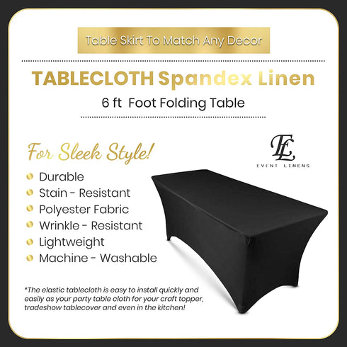 6ft Tablecloth Rectangular Spandex Linen - Black Table Cloth Fitted Cover for 6 Foot Folding Table, Wedding Linens Banquet Cloths Rectangle Covers (2 Pack)