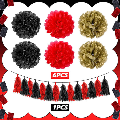 45 Piece Casino Party Decoration Supplies Set, Poker Birthday Banner Triangle Banner Tassel Garland Cake Topper Latex Balloon Hanging Swirl Paper Pom Poms for Halloween Decoracion De Casino