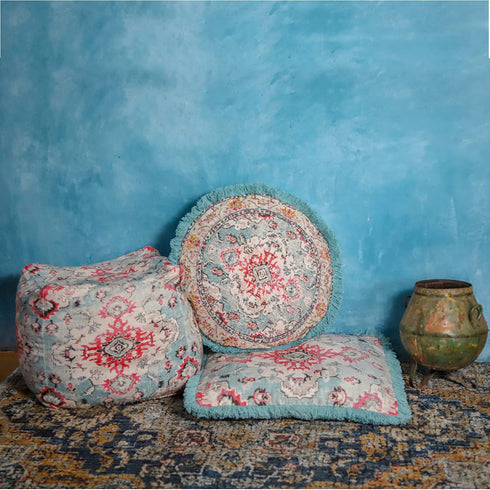 Mandala Life ART Square Meditation Cushion Cover with Fringes - 26 inches - Printed Vintage Blue Cotton Boho Chic Pillow Case