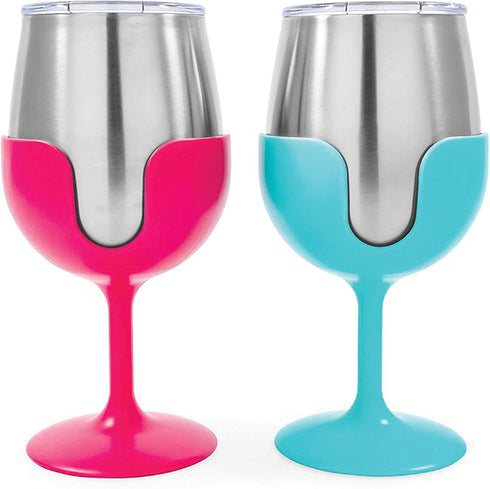 Camco 51915 Stainless Steel Wine Tumbler Set with Removable Fuchsia Pink and Teal Blue Wine Glass Stems- Leak Proof Lid, Vacuum Insulated, BPA Free 8 oz