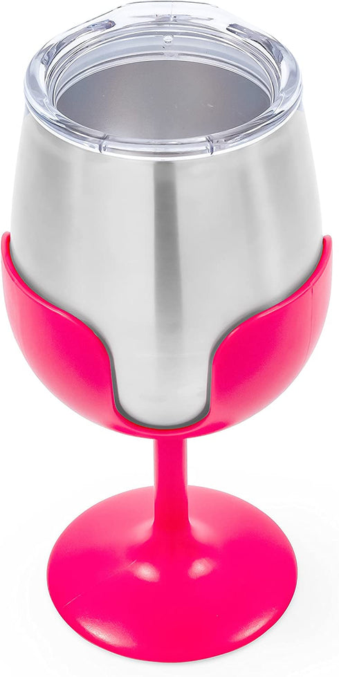 Camco 51915 Stainless Steel Wine Tumbler Set with Removable Fuchsia Pink and Teal Blue Wine Glass Stems- Leak Proof Lid, Vacuum Insulated, BPA Free 8 oz