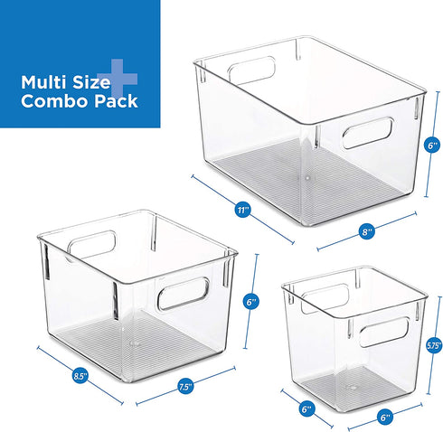 Set Of 6 Clear Pantry Organizer Bins Household Plastic Food Storage Basket with Cutout Handles for Kitchen, Countertops, Cabinets, Refrigerator, Freezer, Bedrooms, Bathrooms