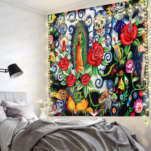 FEASRT Day of Dead Tapestry Skull Tapestry Mexican Skeleton Tapestries for Bedroom Living Room Apartment Dorm Decorations Wall Art Decor Tapestry 60x60 Inches GTZYAY427