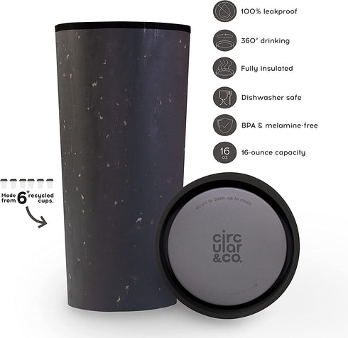 Circular & Co. Travel Mug (16oz) - The World's First Reusable Mug Made from Recycled Coffee Cups, 100% Leak-Proof, Sustainable & Insulated, Black on Cosmic Black
