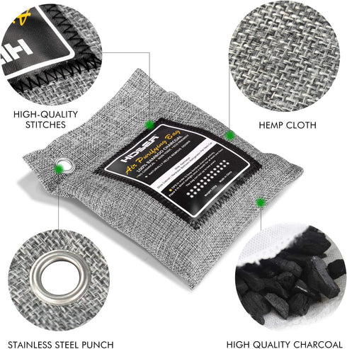 HIDBEA Activated Bamboo Charcoal Air Purifying Bags (4-Pack) Natural Deodorizer Odor Absorber Eliminator Remover for Home, Pets, Car, Closet, Shoes, 200g x 4, Gray