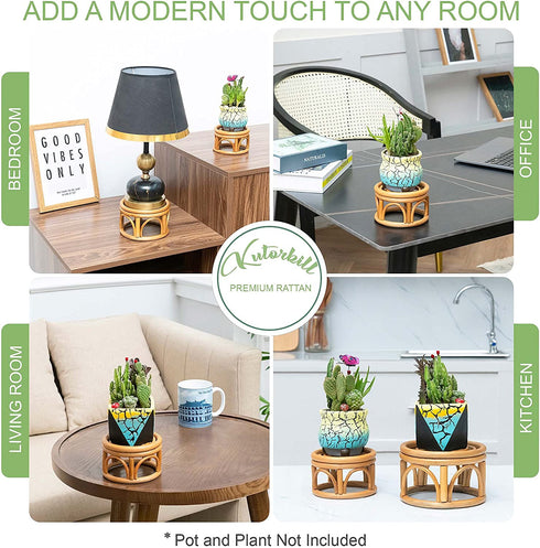 Set of 2 Mini Rattan Woven Plant Stand for Indoor Plants Round Decorative Flower Riser Holder Modern Plant Stand with Boho Plant Stand Holder Suitable Fits 4'' and 6'' Pots