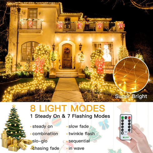 Ollny Christmas Net Lights 200 LED 9.8x6.6ft Outdoor Mesh Lights Connectable Waterproof 8 Modes&Timer Remote Plug in Fairy String Lights for Bush Xmas Garden Wedding Holiday Decorations Warm White