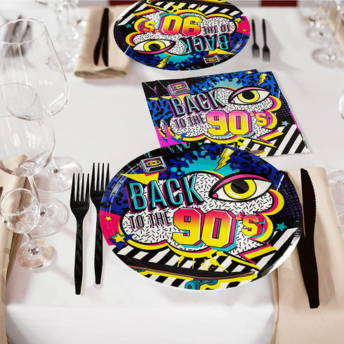 80 Pieces 90s Party Tableware Set 1990s Birthday Hip Hop Party Table Decorations Supplies Back to the 90s Paper Plates Napkins Forks for 20 Guests