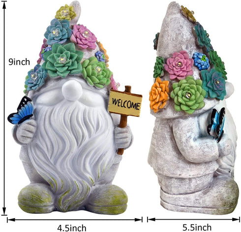 Gnome Garden Statues Outdoor Decor, Solar Gnome Figurines Lights for Garden Decoration Yard Art Gifts with 10 Warm White LEDs