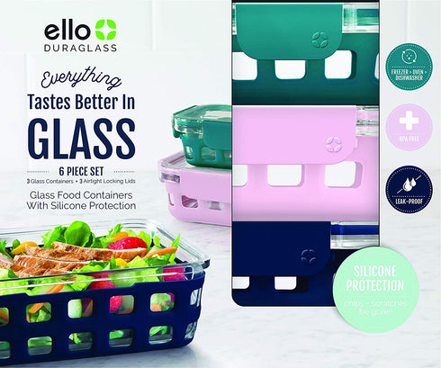 Ello DuraGlass Glass Food Storage Meal Prep Containers with Silicone Sleeve and Airtight Lids, 6 Piece 3 Pack Multi-Size, Spring
