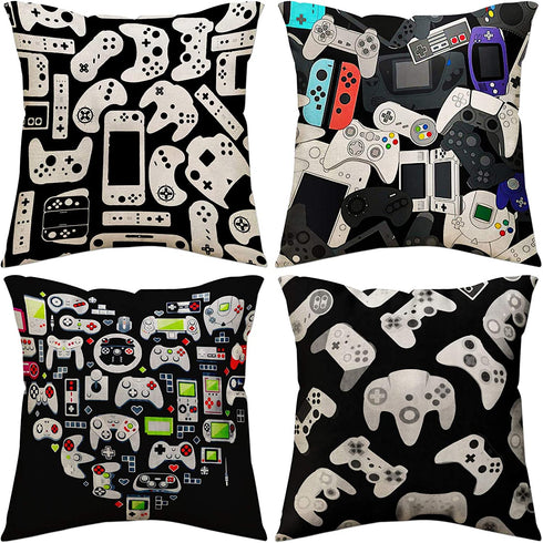 MoharWall Gamer Square Throw Pillow Case Video Game Controller Cushion Cover for Game Boys Bedroom Playroom 18"x 18", 4 Pack