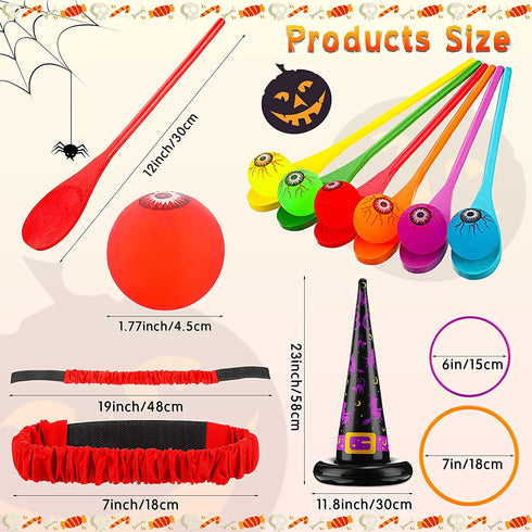 13 Pieces Halloween Egg and Spoon Race Game Set Legged Relay Race Bands Inflatable Witch Hat Ring Toss Game for Kids and Adults Halloween Party Games Outdoor Fun Games Party Lawn Carnival Games