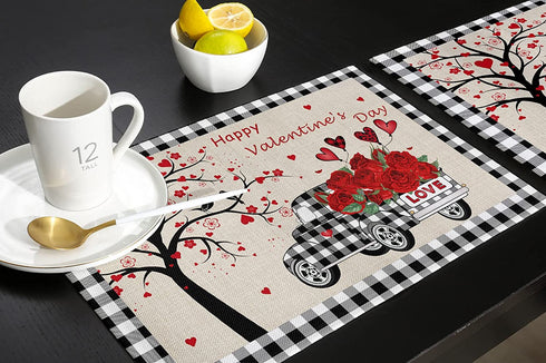 ZEREAA Valentines Day Placemats Set of 4, Plaid Hem Love Tree with Rose Truck Heat Resistant Washable Farmhouse Place Mats for Dining Table Kitchen Decor