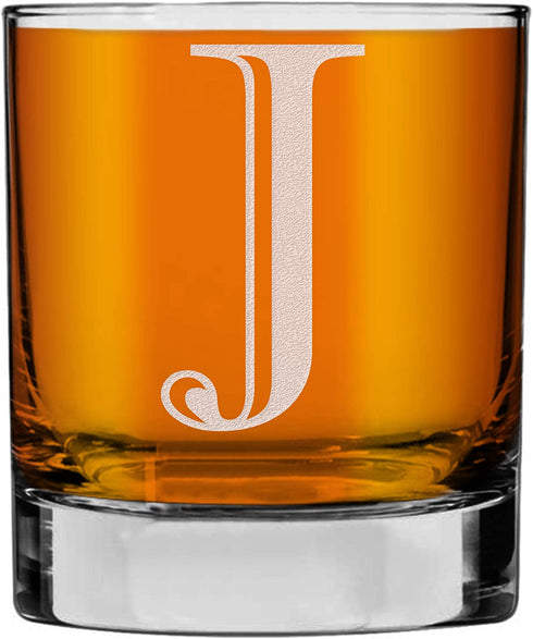 Etched Monogram 10.25oz Rocks Old Fashioned Lowball Glass for Whiskey Scotch Bourbon (Letter J)
