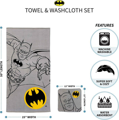 Franco Kids Bath and Beach Towel with Washcloth Set, 50 in x 25 in, Batman