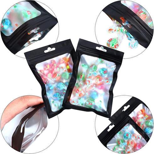 100 Pieces Mylar Bags Smell Proof Bags Resealable Bags for Small Business with Clear Window Holographic Bags for Food Storage and Lip Gloss, Jewelry, Eyelash Packaging (Black, 5.1 x 8.3 Inch)