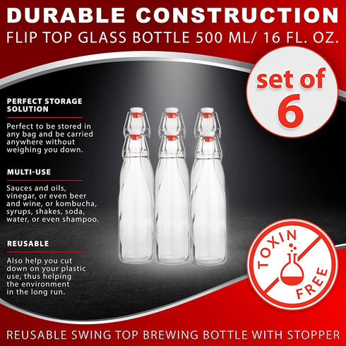 Flip Top Glass Bottle Swing Top Brewing Bottle with Stopper for Beverages, Oil, Vinegar, Kombucha, Beer, Water, Soda, Kefir Airtight Lid & Leak Proof Cap Clear (6)