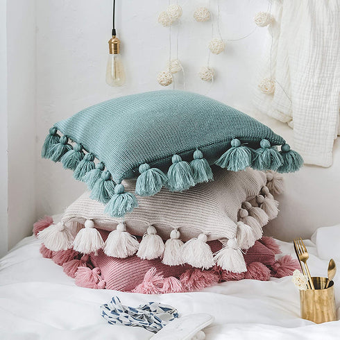Famibay Knitted Pillow Covers with Pompoms Tassel Boho Striped Cable Knit Throw Pillow Cases Decorative Pillow Cushion Cover Set for Home Sofa Couch Bed 18 x 18 Beige