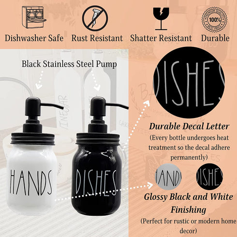 UrbanVillage Farmhouse Soap Dispenser Set - Glass Dish and Hand Soap Dispenser with Stainless Steel Liquid Pump - Cute Mason Jar for Your Kitchen - Glossy Black and White Farmhouse Decor