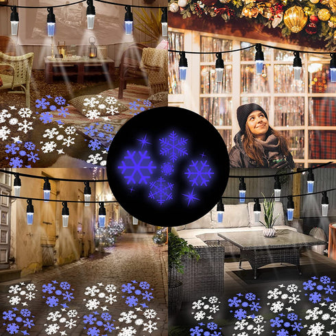 Vigdur Christmas String Lights - Snowflake Projector Light String with 10 LED Hanging Blue&White Snowflake Projector Bulbs Plug in for Indoor Outdoor Xmas Patio Yard Bedroom Holiday Decor,31.4FT