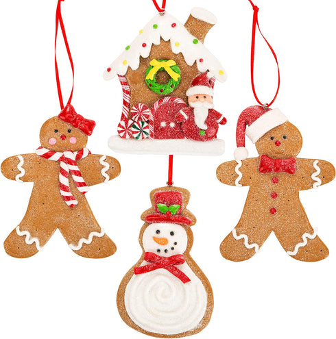Gingerbread Christmas Ornaments - Man Boy Girl Gingerbread House Snowman Cookie Rustic Christmas Decorations Set of 4 - Claydough Christmas Tree Decorations - Christmas Tree Ornaments with Gift Box