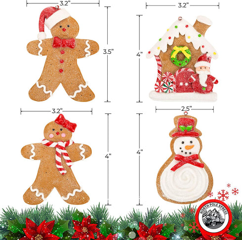 Gingerbread Christmas Ornaments - Man Boy Girl Gingerbread House Snowman Cookie Rustic Christmas Decorations Set of 4 - Claydough Christmas Tree Decorations - Christmas Tree Ornaments with Gift Box