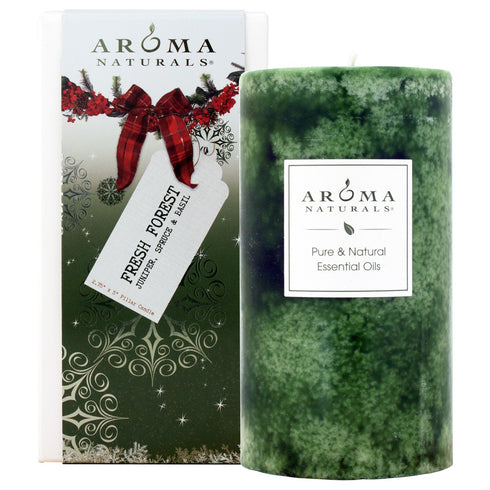 Aroma Naturals Holiday Essential Oil Pillar Candle, Juniper, Spruce and Basil, Fresh Forest, 2.75 inch x 5 inch