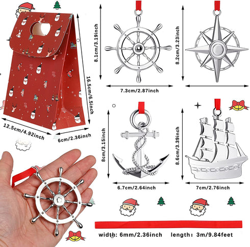 4 Pieces Silver Christmas Tree Ornament Nautical Navy Christmas Ornament Boat Helm and Anchor Christmas Decor with Red Rope and Christmas Bags