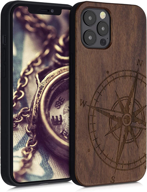 kwmobile Wood Case Compatible with Apple iPhone 12 Pro Max - Phone Case with TPU Bumper - Navigational Compass Dark Brown