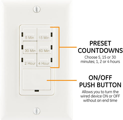 GE Push-Button Countdown Timer Switch, 5-15-30 Minute/1-2-4 Hour, ON/Off, No Neutral Wire Needed, Ideal for Lights, Exhaust Fans, Heaters, Wall Plate Included, 15318 , White