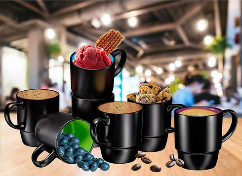Ceramic Stacking Coffee Mug Tea Cup Dishwasher Safe Set of 6 - Large 18 Ounce, Matte Black
