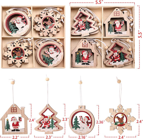 Wooden Farmhouse Christmas Tree Ornaments 24 Pieces, 2.3-inch Wooden Hollow Santa Claus Pendant, Snowman Pendant Ornaments Crafts, Christmas Party Ornaments.