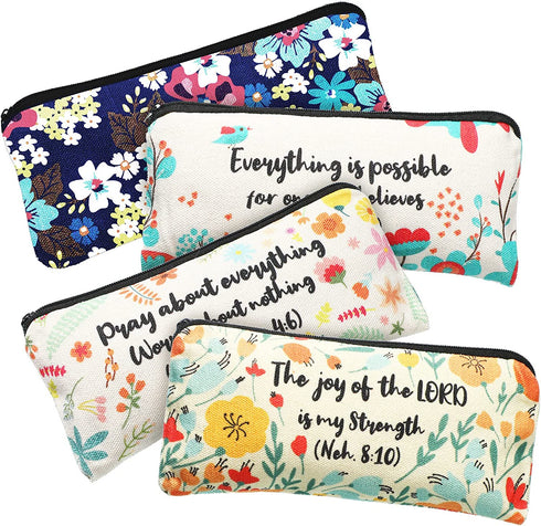 4 Pieces Inspirational Bible Verse Pencil Pouch Christian Pencil Case Scripture Makeup Bags Canvas Cosmetic Bags for Students Office Journaling Supplies (Bible Verse Pattern,7.8 x 3.8 Inch)