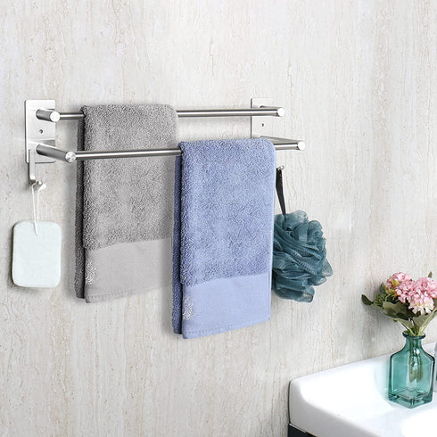Siyzda Double Towel Bar 16 Inch, 304 Stainless Steel Bath Towel Rack for Bathroom Kitchen, Two Installation Method - Self Adhesive & Wall Mounted (Brushed Nickel)