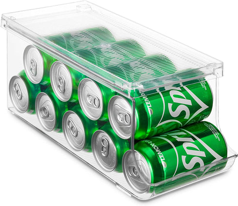 Set of 2 Stackable Refrigerator Organizer Bins Pop Soda Can Dispenser Beverage Holder for Fridge, Freezer, Kitchen, Countertops, Cabinets - Clear Plastic Canned Food Pantry Storage Rack Holds 9 Cans