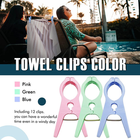 Beach Towel Clips Chair Cruise Holder - Fashion Colors Plastic Quilt Hanging Clamps Jumbo Size 12 Pack for Pool Loungers Clothes Blanket Swimsuits,Curtains