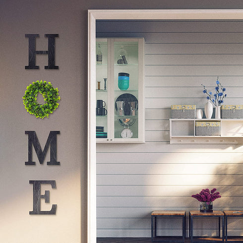 Wooden Home Sign with Green Wreath Flower, Wall Hanging Decor 11.8 Inch Home Decorative Sign Rustic Wooden Letters Decor for Living Room Kitchen Entry Way Housewarming Decoration