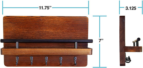 Ripple Creek Key Holder for Wall and Mail Shelf, Decorative Wooden Wall Rack for Keys, Letters, Bills - Pine Wood Unique and Industrial Decor, Perfect for Entryway, Kitchen (Brown, Large)