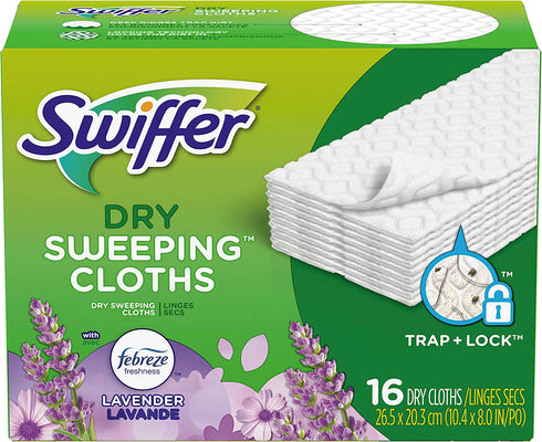 Swiffer Sweeper Dry Sweeping Cloths, Mop and Broom Floor Cleaner Refills, Febreze Lavender Vanilla and Comfort Scent, 16 Count
