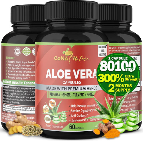 Organic Aloe Vera Extract Capsules Equivalent to 80100MG & Turmeric, Ginger, Fennel| Support Immune, Digestion| Natural Anti-Inflammatory, Antioxidants| Multi Nutrients, Vitamins, Minerals Supplement