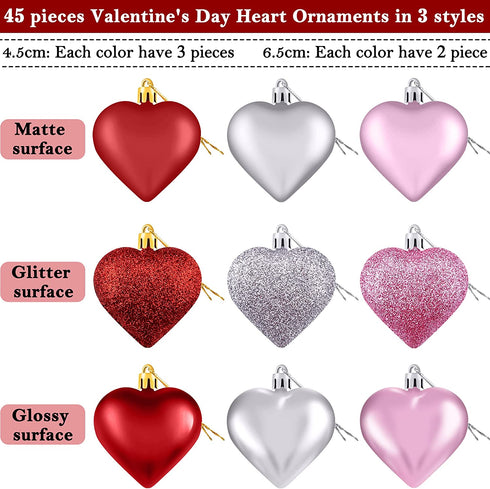 Duufin 45 Pieces Valentine's Day Heart Ornaments Heart Baubles Valentines Heart Decorations Heart Shaped Baubles Hanging Ornaments Decorations for Valentine, Christmas Tree