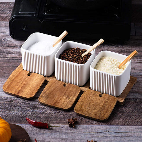 WUWEOT 3 Pack Porcelain Condiment Bowls Set, 12OZ White Ceramic Salt Bowl Condiment Jar Spice Container with Lids Spoons and Tray for Sugar, Serving Tea, Coffee, Spice, Salt